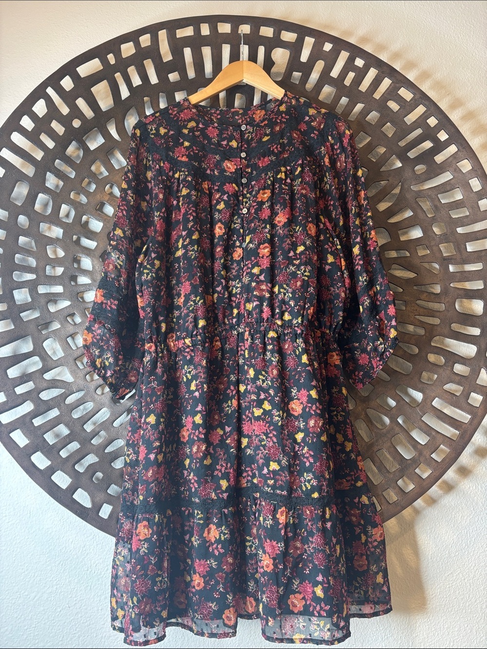 🌸Fall Floral Tiered Boho Dress Pink Mustard Flowers Cottagecore Loft 2XL Flowy